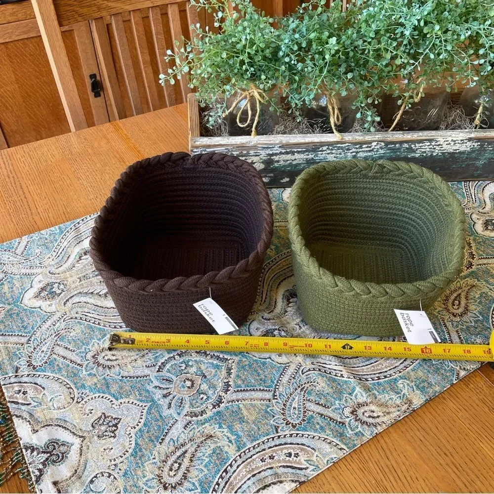 Woven Braided Storage Baskets Set Of 2 Brown Olive Green